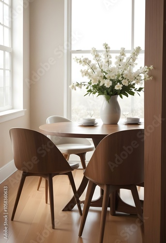 Wallpaper Mural A cozy dining room with a wooden table and chairs, a vase of white flowers, and a framed artwork on the wall. Torontodigital.ca