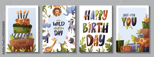 Set of Birthday greeting card with cute jungle animals. Giraffe, gorilla monkey, hippopotamus, ostrich, elephant, lion, crocodile, zebra, snake, cake, gifts. Vector illustration. photo