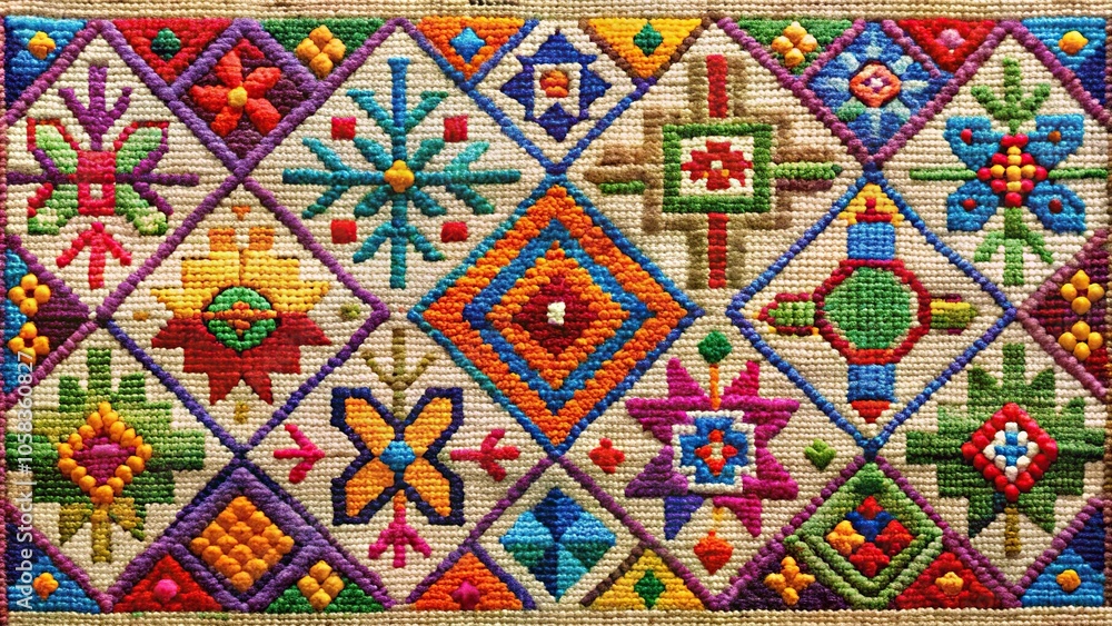 Colorful woven tapestry featuring hand-stitched symbols and patterns on a natural fiber background, tribal patterns, cultural heritage, tapestries, , colorful textiles Colorful woven tapestry featuring hand-stitched symbols and patterns on a natural fiber background, tribal patterns, cultural heritage, tapestries, , colorful textiles