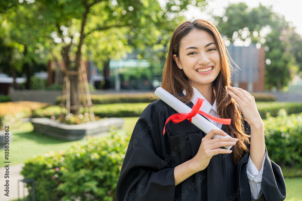 Happy asian woman in graduation costume with cap standing outdoor public park. College degree successful education graduation in university. Happy asian woman in graduation costume with cap standing outdoor public park. College degree successful education graduation in university.