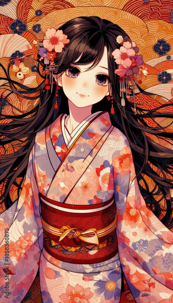 Naklejka premium 着物を着た美人画 イラスト