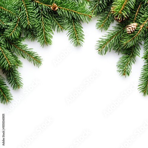 Christmas tree branches border with cones on white background. Christmas card greeting template backgrounds with fir leaves on the edge side. Copy space for your text design.