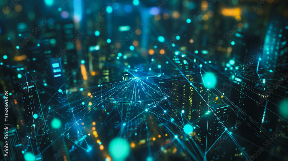 Obraz premium Smart digital Innovation city with connection network reciprocity over the cityscape. of future smart wireless digital city and social media networking systems that connects people with in city 
