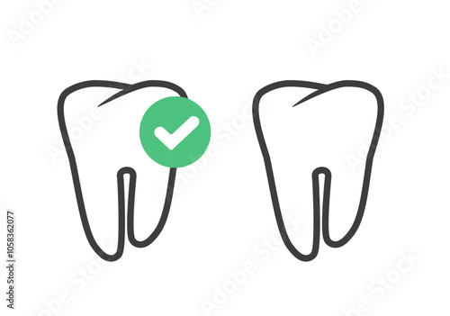 Tooth icon with check mark cured healthy vector simple graphic illustration set, line stroke thin linear dental teeth checkmark test verification silhouette, fixed repaired dentist service logo image
