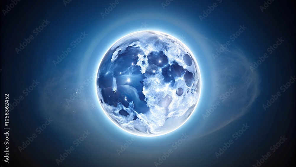 Close-up of a full moon with a halo of light against a dark blue background, glowing, night sky, astronomy, halo, texture Close-up of a full moon with a halo of light against a dark blue background, glowing, night sky, astronomy, halo, texture