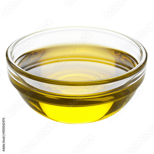 Extra virgin olive oil in glass bowl isolated on transparent white background, clipping path