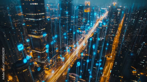 Smart digital Innovation city with connection network reciprocity over the cityscape. of future smart wireless digital city and social media networking systems that connects people with in city 