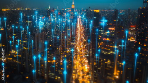 Smart digital Innovation city with connection network reciprocity over the cityscape. of future smart wireless digital city and social media networking systems that connects people with in city 