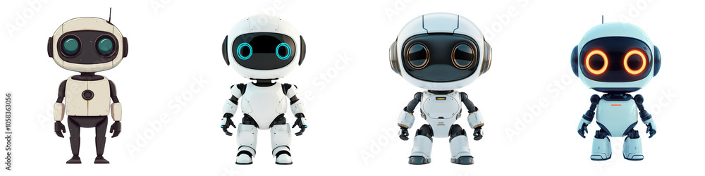 Cute and Friendly Robotic in Various Unique Designs and Styles on a Plain White Background Representing Advancements in Intelligence and Automation Technology Cute and Friendly Robotic in Various Unique Designs and Styles on a Plain White Background Representing Advancements in Intelligence and Automation Technology