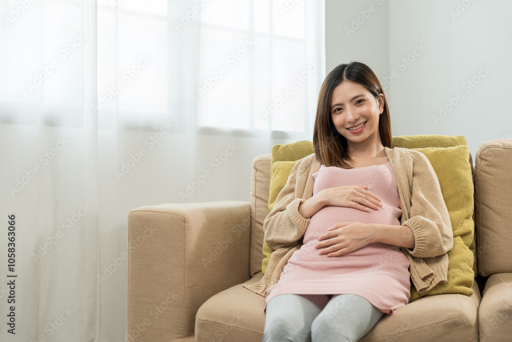 Happy pregnant woman caresses her belly while taking rest on sofa at home, concept of happy motherhood waiting for childbirth, family planning and pregnancy with insurance for child health. Happy pregnant woman caresses her belly while taking rest on sofa at home, concept of happy motherhood waiting for childbirth, family planning and pregnancy with insurance for child health.