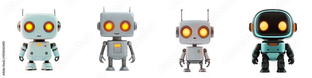 A group of diverse and unique robot figures in various colors shapes and designs with bright glowing eyes A group of diverse and unique robot figures in various colors shapes and designs with bright glowing eyes