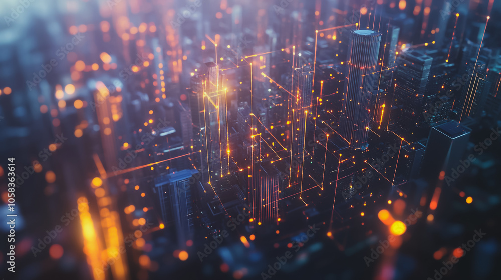 Obraz premium Smart digital Innovation city with connection network reciprocity over the cityscape. of future smart wireless digital city and social media networking systems that connects people with in city