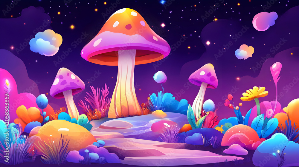 A magical forest scene with glowing mushrooms, flowers and starry night. A magical forest scene with glowing mushrooms, flowers and starry night.