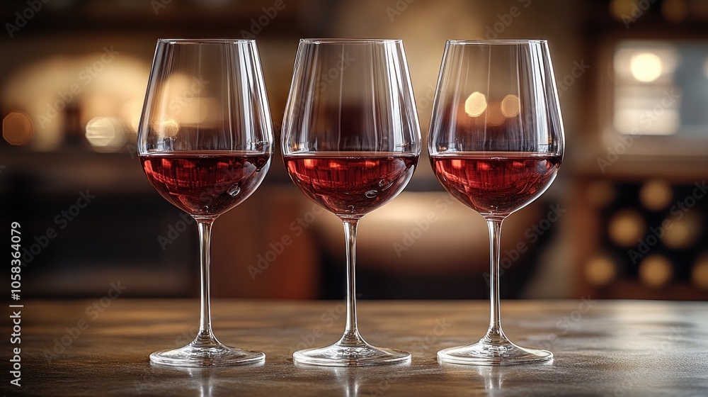 Three elegant wine glasses filled with red wine on a table. Three elegant wine glasses filled with red wine on a table.