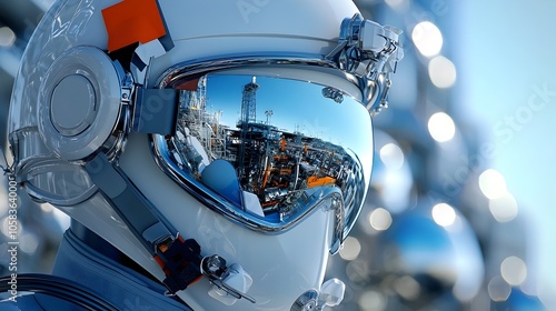 Close up view of an engineer s hardhat with the reflection of industrial cooling towers visible on the chrome surface of the helmet set against a clear blue sky photo