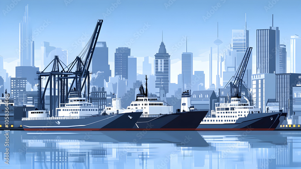 Fototapeta premium Cargo ships docked at a busy port in a modern city skyline.