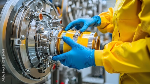 Close up view of gloved hands carefully handling radioisotope storage containers inside a secure controlled laboratory chamber photo