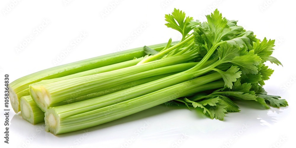 Aerial view of celery with watercolor stalks on white background Aerial view of celery with watercolor stalks on white background