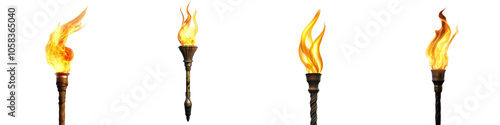 Striking image of multiple burning torches with intense flickering flames that illuminate the surrounding darkness  The torches represent power energy and the raw force of fire