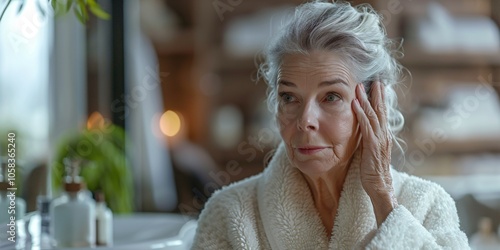 Mature lady in robe applies lotion to her face after shower for rejuvenation and skincare. photo