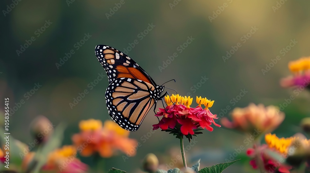 Naklejka premium A monarch butterfly delicately perched on a blooming flower, sipping nectar.
