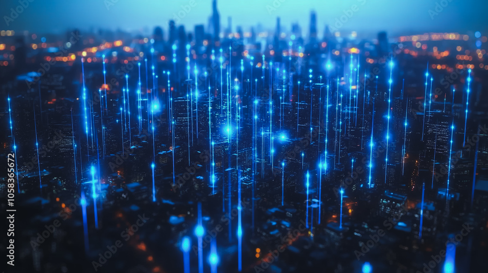 Obraz premium Smart digital Innovation city with connection network reciprocity over the cityscape. of future smart wireless digital city and social media networking systems that connects people with in city