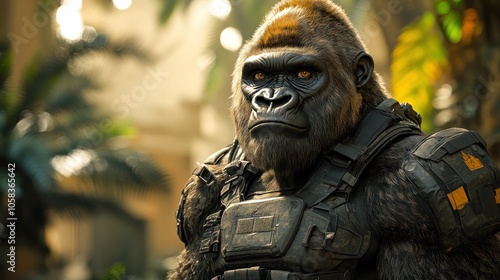 A realistic gorilla in tactical gear amidst a lush environment.