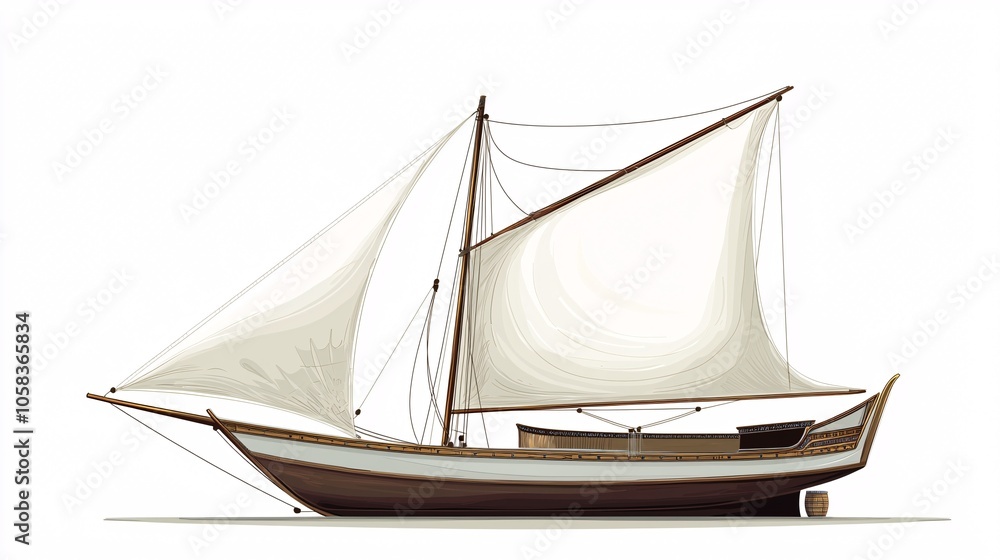 Front view illustration of a traditional Arabian dhow against a white backdrop, highlighting its classic sailing features and refined design. Front view illustration of a traditional Arabian dhow against a white backdrop, highlighting its classic sailing features and refined design.