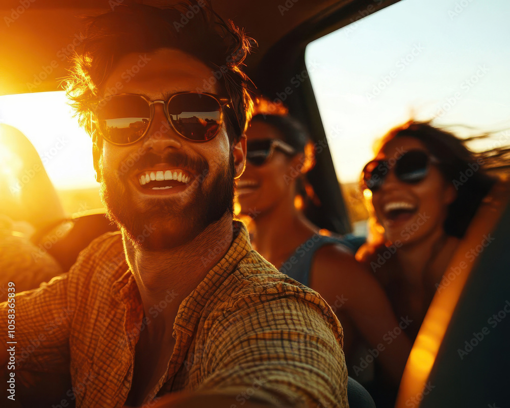 A group of happy friends enjoy a road trip in a car at sunset with the driver smiling and laughing