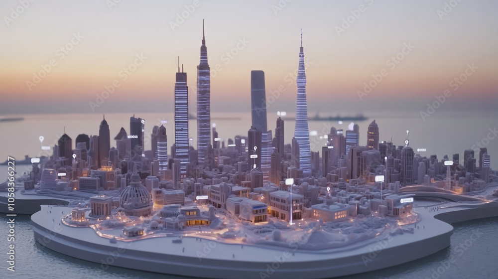 Obraz premium Smart digital Innovation city with connection network reciprocity over the cityscape. of future smart wireless digital city and social media networking systems that connects people with in city