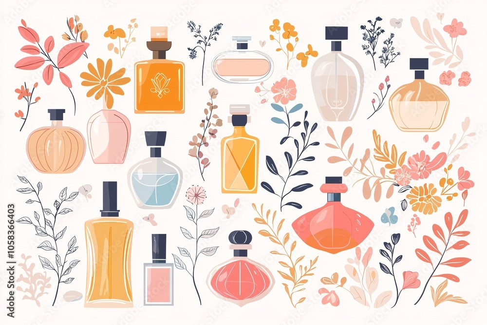 Elegant illustration of diverse perfume bottles on a white background, ideal for beauty and cosmetics themes. Elegant illustration of diverse perfume bottles on a white background, ideal for beauty and cosmetics themes.