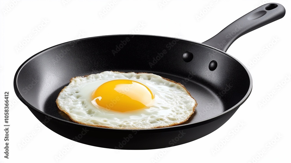 A perfectly cooked fried egg in a black skillet, with a golden yolk and crispy edges isolated on a simple white background. A perfectly cooked fried egg in a black skillet, with a golden yolk and crispy edges isolated on a simple white background.