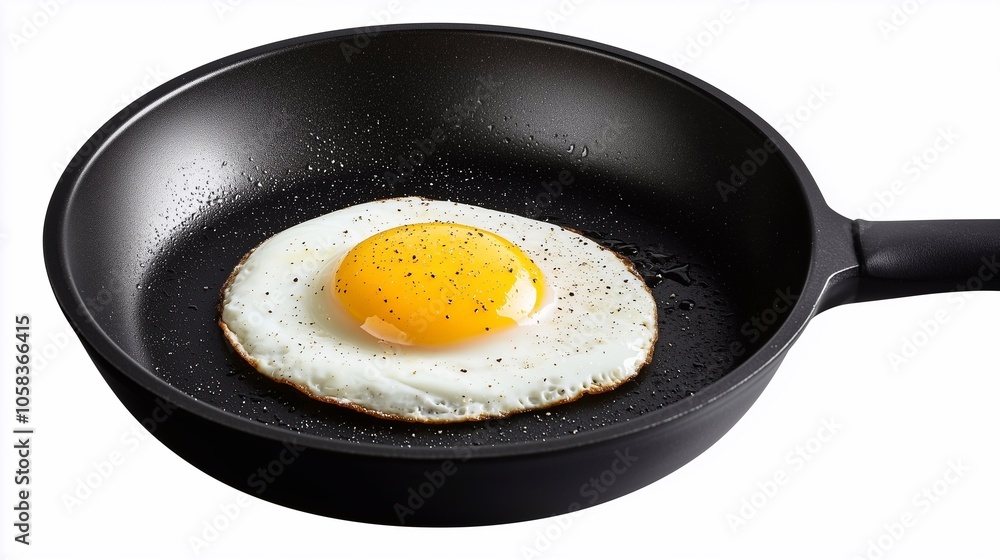 A perfectly cooked fried egg in a black skillet, with a golden yolk and crispy edges isolated on a simple white background. A perfectly cooked fried egg in a black skillet, with a golden yolk and crispy edges isolated on a simple white background.