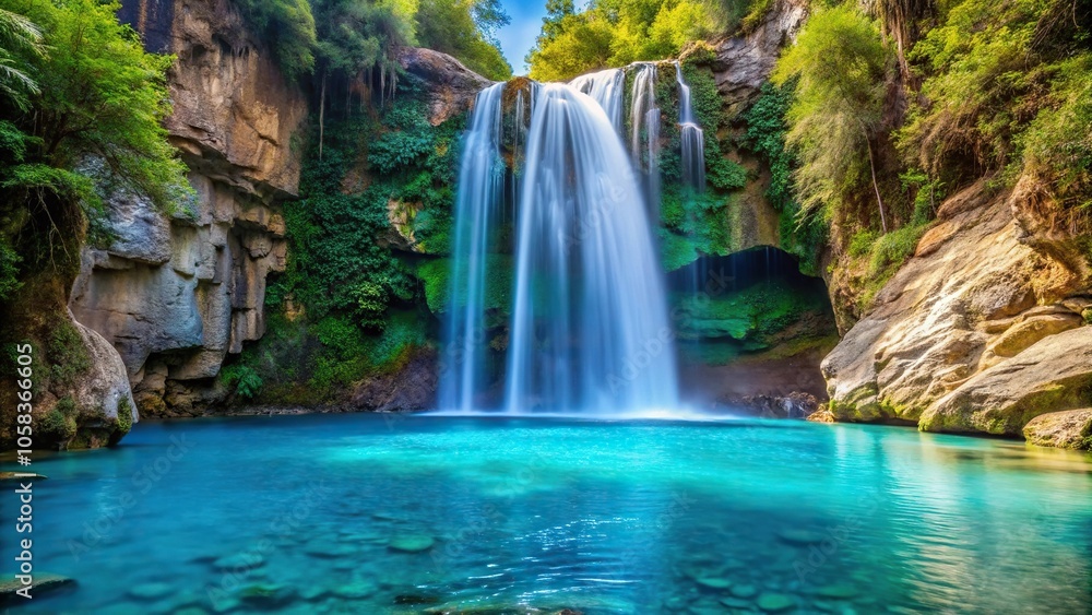 A waterfall cascading down a turquoise rock face into a clear blue pool, nature, wilderness, geological feature, turquoise, rock face A waterfall cascading down a turquoise rock face into a clear blue pool, nature, wilderness, geological feature, turquoise, rock face