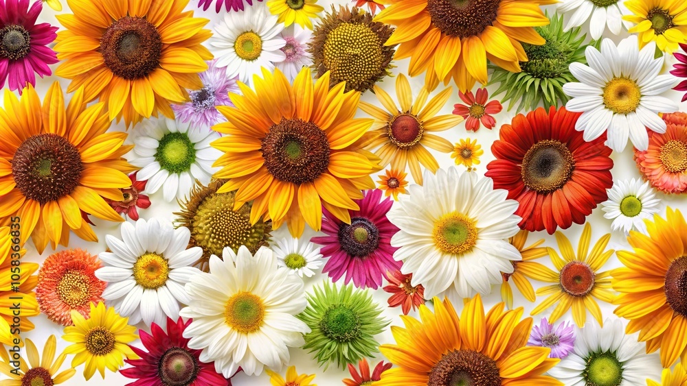 A vibrant floral pattern featuring a mix of bright flowers such as sunflowers and daisies against a bold and modern white background, abstract, floral design A vibrant floral pattern featuring a mix of bright flowers such as sunflowers and daisies against a bold and modern white background, abstract, floral design