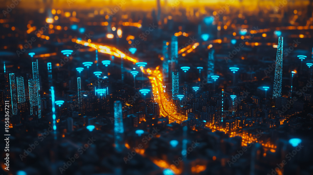 Fototapeta premium Smart digital Innovation city with connection network reciprocity over the cityscape. of future smart wireless digital city and social media networking systems that connects people with in city