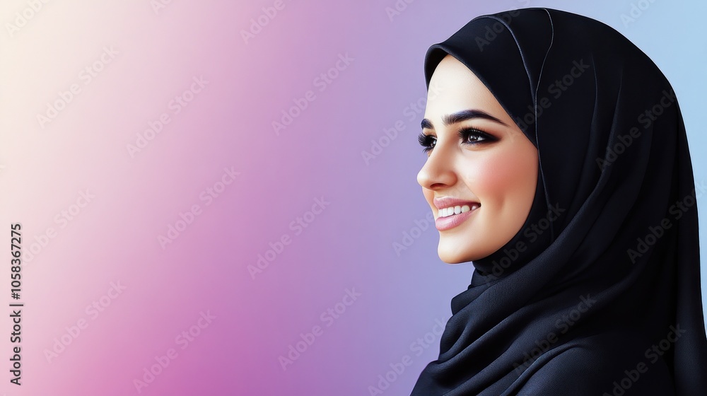 A smiling woman in a hijab against a gradient background. A smiling woman in a hijab against a gradient background.
