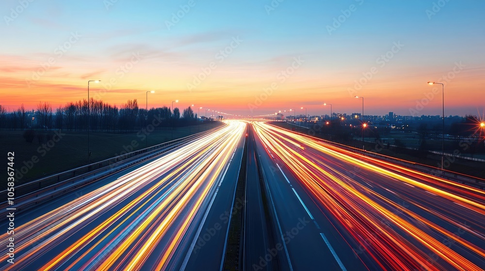 Dynamic light trails on highway at sunset, showcasing speed and movement. Dynamic light trails on highway at sunset, showcasing speed and movement.