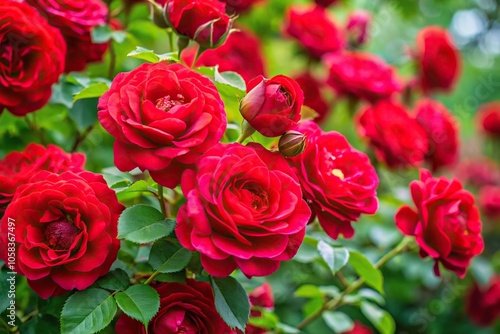 A stunning red rose bush covered in vibrant blooms with intricate details and soft petals, horticultural art, floral design, wedding flowers