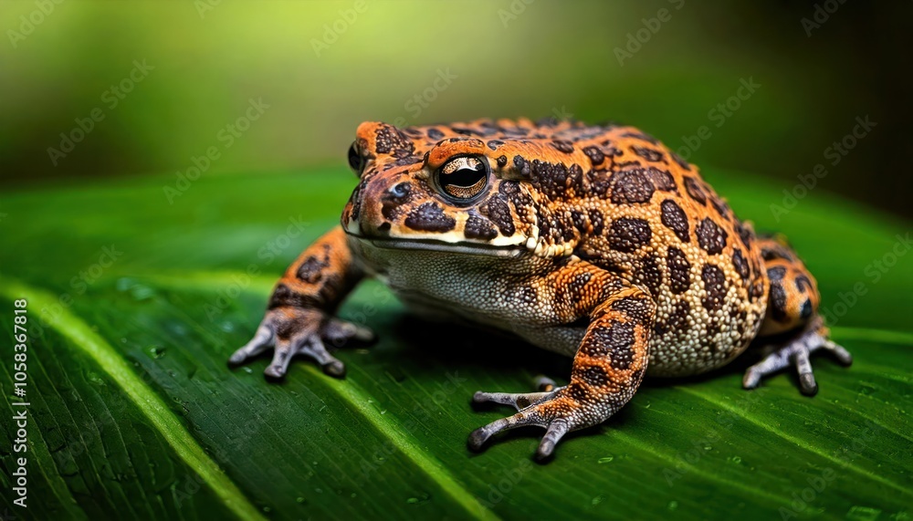 Fototapeta premium Mystic portrait of Yellow Harlequin Toad on leave, full body view blurry leaf's background 