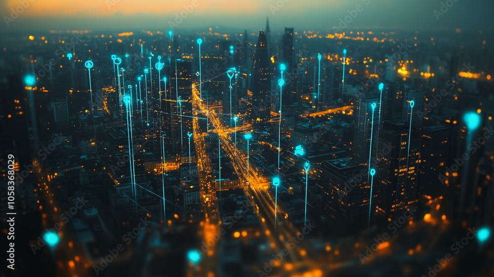 Smart digital Innovation city with connection network reciprocity over the cityscape. of future smart wireless digital city and social media networking systems that connects people with in city Smart digital Innovation city with connection network reciprocity over the cityscape. of future smart wireless digital city and social media networking systems that connects people with in city