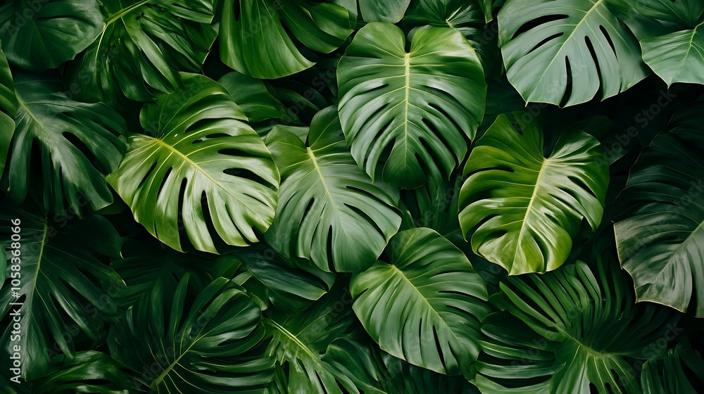 A close up shot of lush green monstera leaves, perfect for adding a touch of tropical beauty to your designs A close up shot of lush green monstera leaves, perfect for adding a touch of tropical beauty to your designs