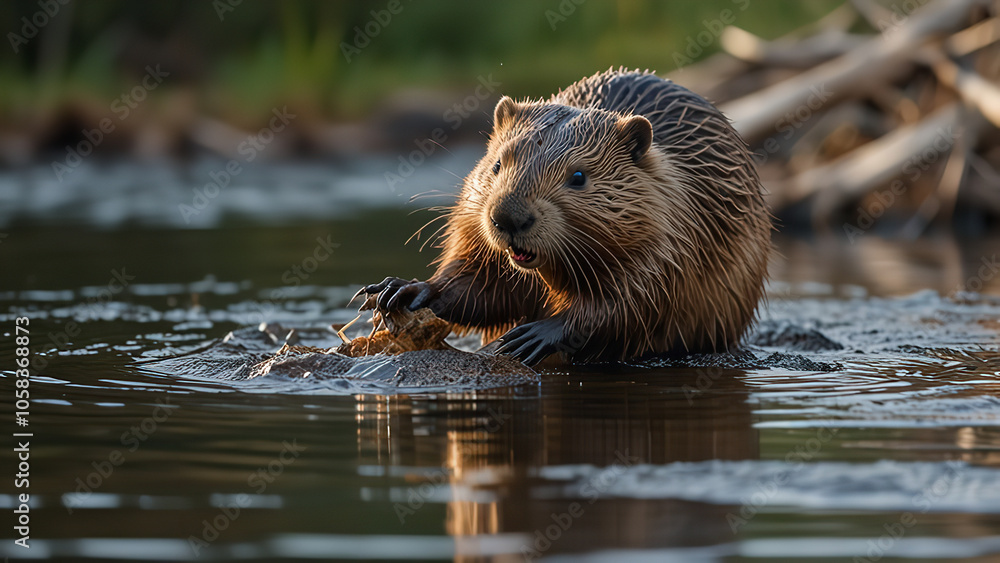 A playful beaver building a dam. A playful beaver building a dam.