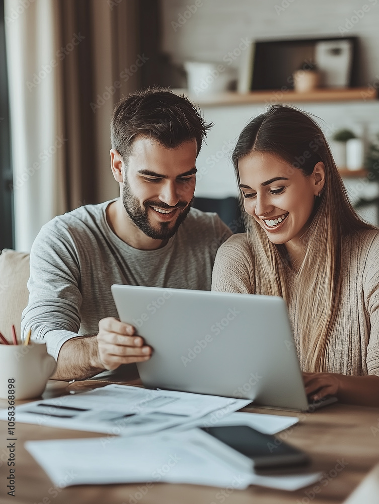 Two people share a joyful moment while working together on a laptop at a wooden desk, surrounded by paperwork in a home office setting. Two people share a joyful moment while working together on a laptop at a wooden desk, surrounded by paperwork in a home office setting.