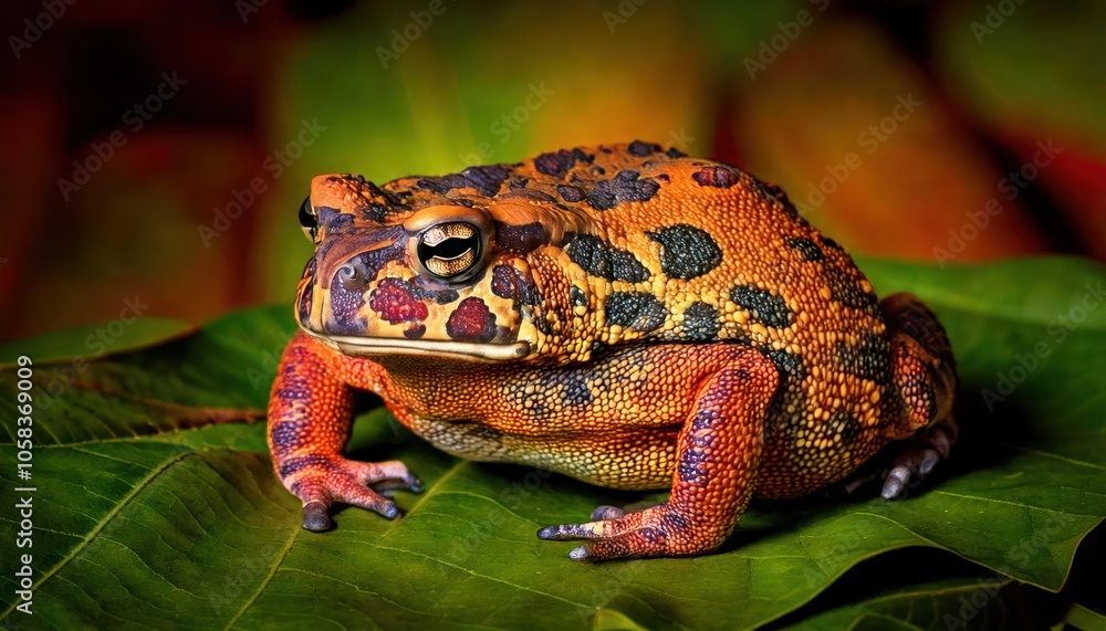 Fototapeta premium Mystic portrait of Yellow Harlequin Toad on leave, full body view blurry leaf's background 