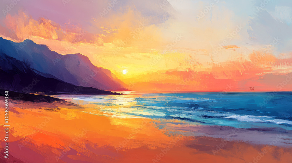 Naklejka premium Vibrant Coastal Sunset Painting with Mountains
