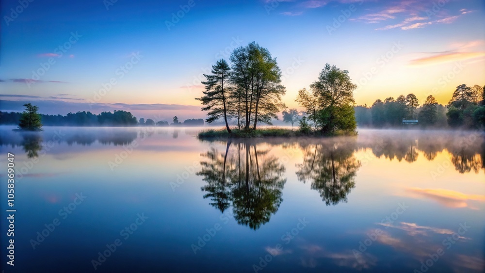 Fototapeta premium A serene lake at dawn with mist rising from the water surface and a few trees reflected in the calm lake, peaceful, dawn, reflection, serene landscape
