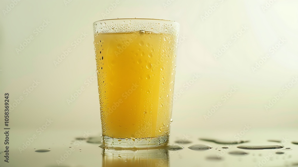 A glass of cool lemon juice, light yellow in color, placed on a bright white background with condensation droplets on the surface of the glass. A glass of cool lemon juice, light yellow in color, placed on a bright white background with condensation droplets on the surface of the glass.