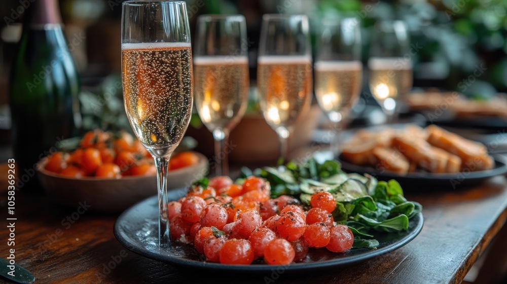 Elegant dining setup with sparkling drinks and fresh vegetables. Elegant dining setup with sparkling drinks and fresh vegetables.