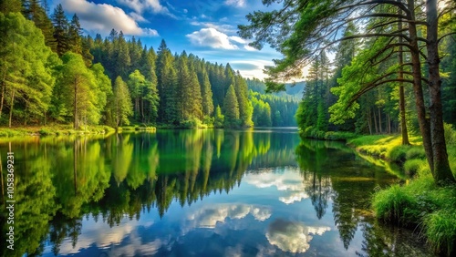 A serene forest scene with a tranquil lake in the foreground, surrounded by tall trees and lush greenery, outdoor adventure, water features, lake scenery, nature reserve, tree line